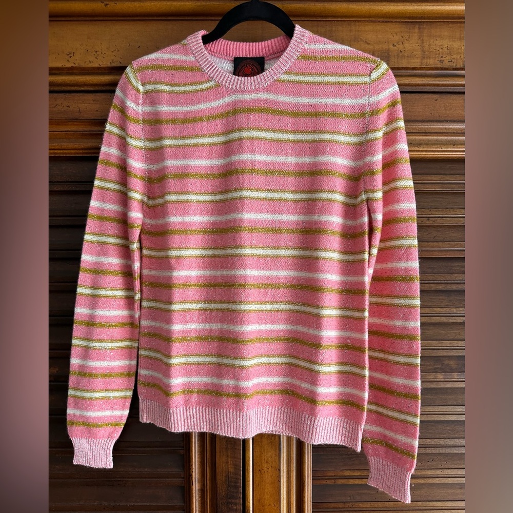 Happy Sheep crew neck  NWT Size Medium Pink-Green Sparkly with white stripes